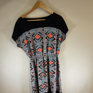 Black Geometric Print Boho Maxi Dress Casual Elastic Waist Size XL